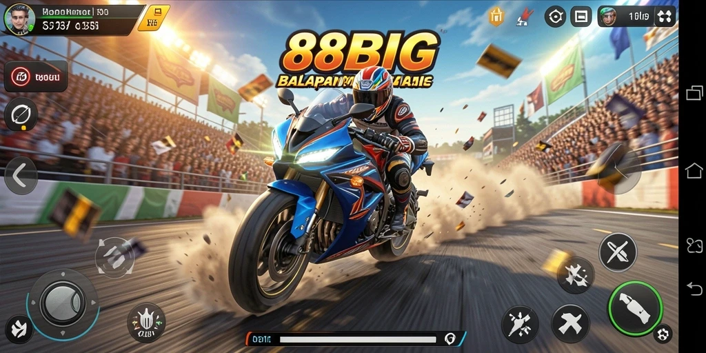 Screenshot gameplay 88BIG menampilkan balapan motor yang seru di trek menantang.