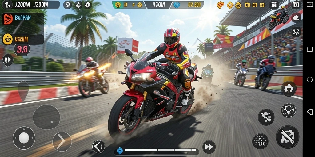 Tangkapan layar dari gameplay balapan motor di J200M yang mendebarkan.