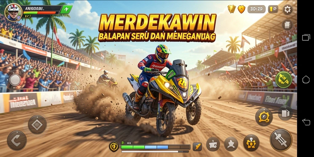 Tampilan gameplay MERDEKAWIN yang penuh aksi balapan seru dan mendebarkan.